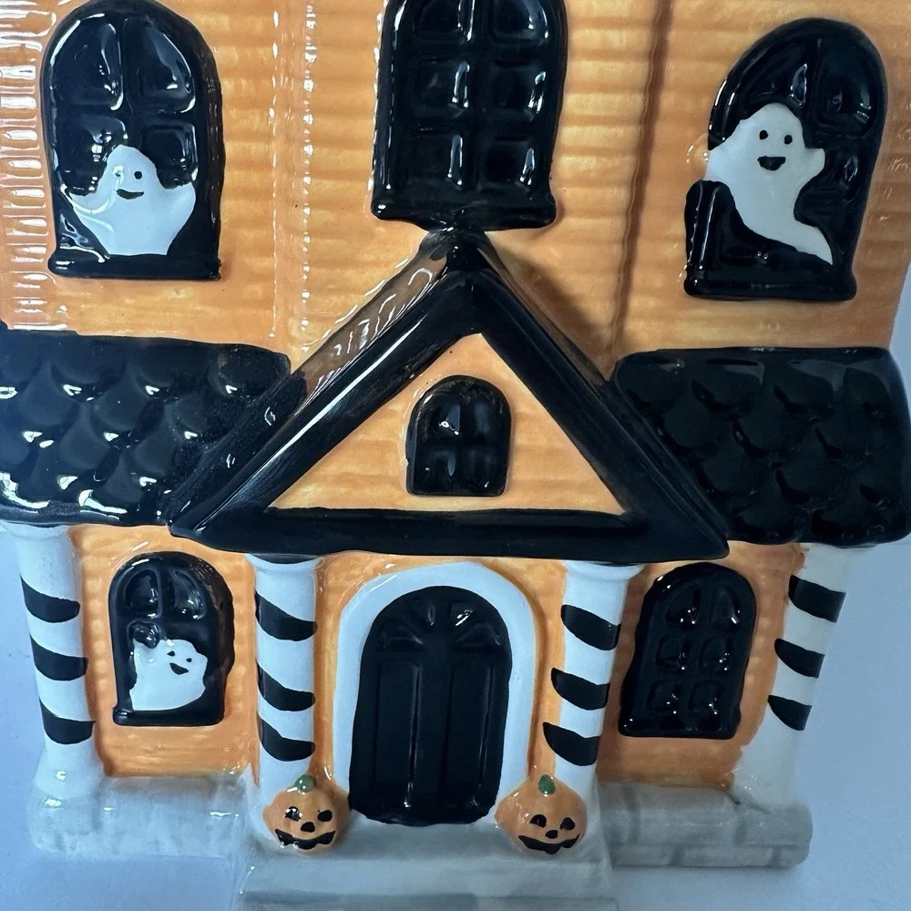 Jack Lantern Lane Haunted House Ghost Cat Halloween Ceramic Cookie Jar